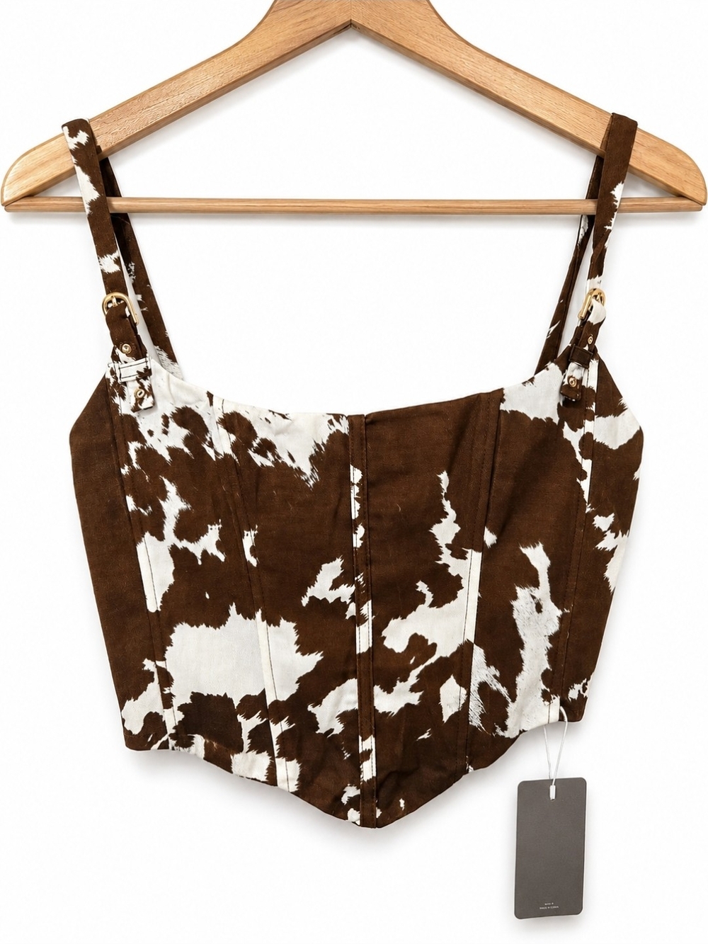 Missguided + Brown & White Cowprint Corset Crop Top